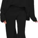 Women's 2 Piece Outfit Knit Sweatsuit Oversized Loose Pullover Sweater Top and Wide Leg Pants Set Black S
