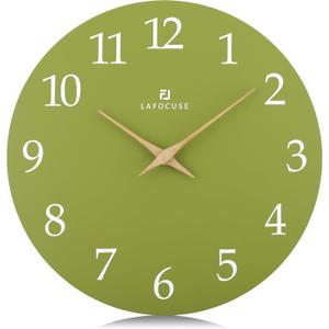 Lafocuse 12 Inch Wooden Olive Green Wall Clock Battery Operated Silent Non-Ticking, Modern Simple Wall Clock for Living Room Decor Kitchen Bedroom Office