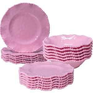 Pink Dishes Melamine Dinnerware Sets, 18 Piece Kitchen Plates and Bowls tableware Set, Lightweight, BPA free Beaded Serving Dishes for Girls, Valentine's Day, Mother's Day. Service for 6.