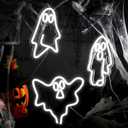 Treela 3 Pcs Halloween Ghost Neon Signs Halloween Neon Window Lights LED Sign Ghost Face Decorations USB Powered Light up Sign for Part Bar Room Wall Decor (9.84 inches, white with multicolor)