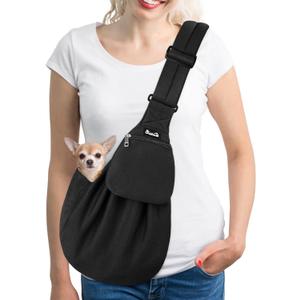 SlowTon Dog Carrier Sling - Thick Padded Shoulder Strap Adjustable Dog Carriers for Small Dogs, Puppy Carrier Purse for Pet Cat with Front Zipper Pocket Safety Belt Machine Washable (Black Knitted, S)