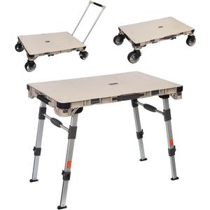 LEADALLWAY 3-in-1 Multi-Purpose Camping Table Wagon Portable Outdoor Platform Truck, Dolly & Utility Cart with 5.4" Wheels (Beige)