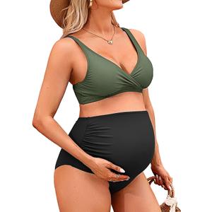Charmo High Waisted Maternity Swimsuit Bikini Set V Neck Pregnancy Bathing Suits Push Up Two Piece Swimwear, Large