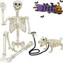 Lukbera Life Size Posable Skeleton Decoration, Full Size Plastic Human Bones with Dog Skeleton, 5.4ft Movable Joints for Haunted House Graveyard Decor