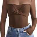 Avidlove Bodysuits for Women Long Sleeve Crew Neck Body Suit One Piece Sheer Leotard Twist Knot Going Out Tops (Medium, Brown)