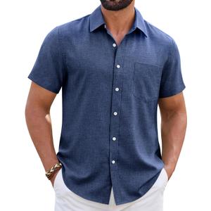 Mens Linen Shirt Short Sleeve Wrinkle Free Casual Untucked Button Down Shirts Beach Breathable Tops Summer (Blue, XL)