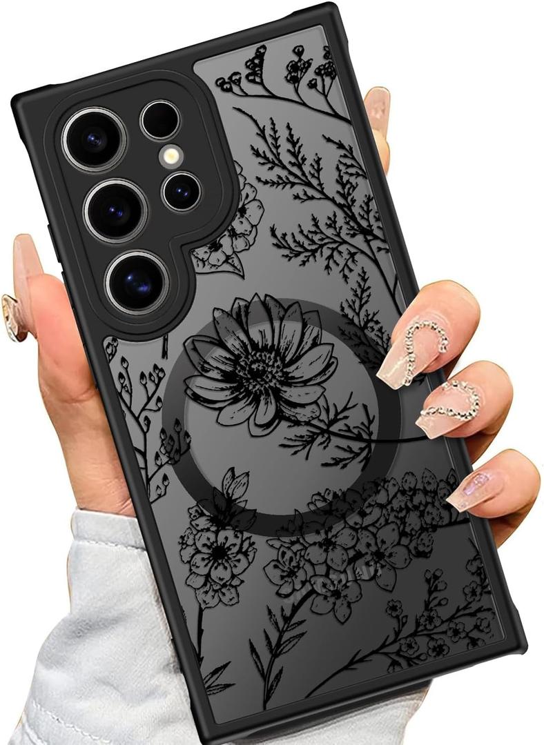 SEXYMOM Magnetic for Samsung Galaxy S24 Ultra Case - Wireless Charging Compatible,Cute Floral Design for Women and Girls,Slim Fit Translucent Matte Phone Case - Flower Leaves