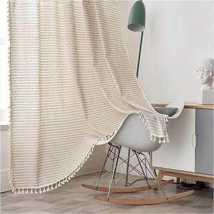 Sutuo Home Boho Curtains 63 Inch Length for Bedroom Nursery Room, Rod Pocket Light Filtering Cotton Embroideried Bohemian Striped Semi Blackout Farmhouse Decor, White and Coffee 1 Panel W52 x L63