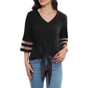 Women's V Neck Mesh Panel Sleeve Tops Tie Knot Hem Tops 2025 Summer Casual Blouses 3/4 Bell Sleeve Loose Shirt (Black, XL)
