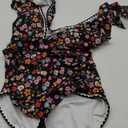 Women's One Piece Ruffle Swimsuit Tummy Control Bathing Suit V Neck Shell Stitched Swim Suit Slimming Swimwear (X-Large, Black Pink Flower)