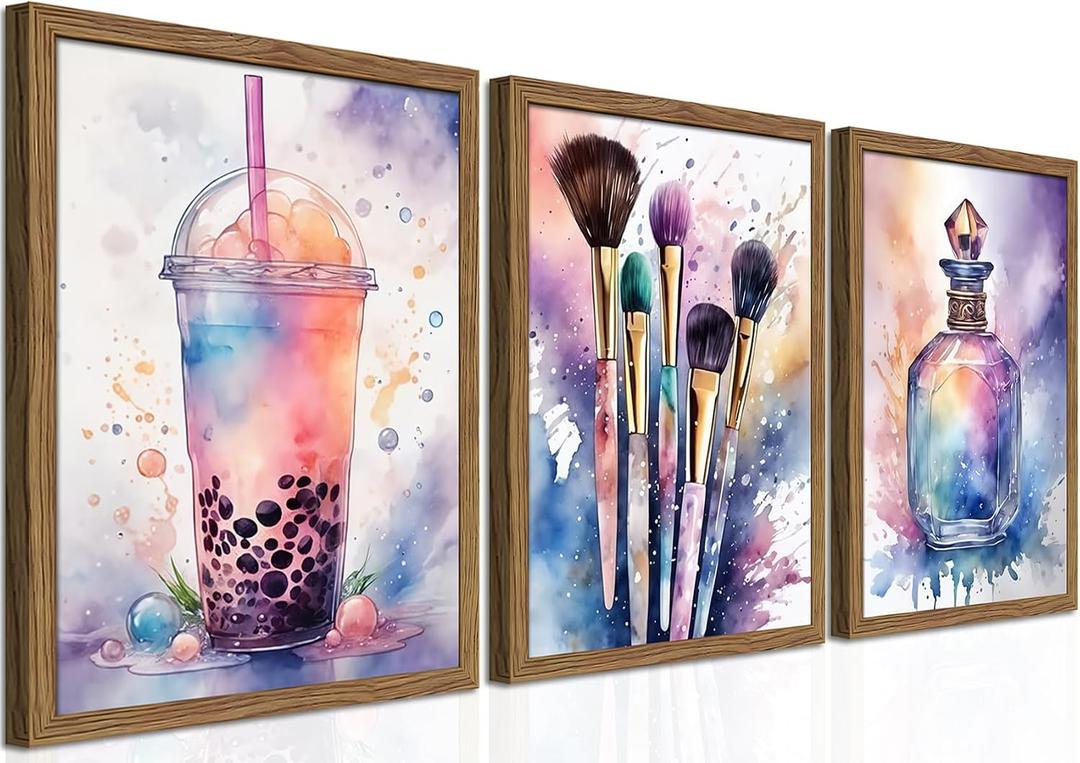 Framed Teen Girls Bedroom Wall Art Set of 3, Pink and Purple Splash Canvas Prints, Makeup Enthusiast Pictures Posters, Drinks Cosmetic Wall Decor for Teenage Girl Room Decor – 16x24 inch, 24L" x 16W"