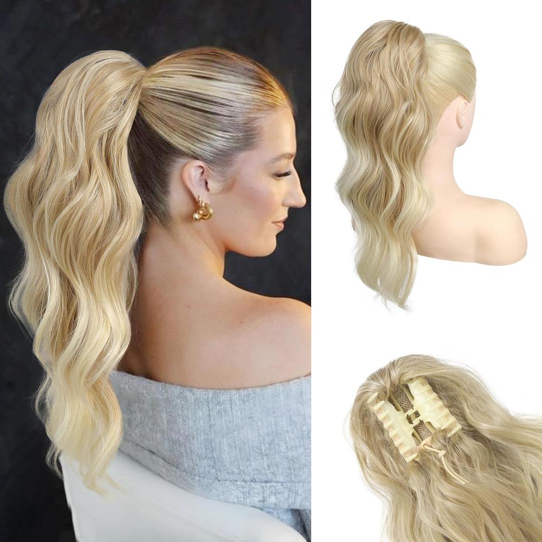 HOOJIH Clip in Ponytail Extension, Ponytail Extension 18 Inch Hair Ponytail Extension Wavy Ponytail Clip on Ponytail Synthetic Ponytail Hair Pieces for Women - Ombre Deep Blonde and Light Blonde