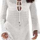 Owl's-Yard Womens Summer Crochet Dress Tie Up Front Hollow-Out V Neck Long Sleeves Bodycon Dress Sarongs for Women Beachwear (Large)