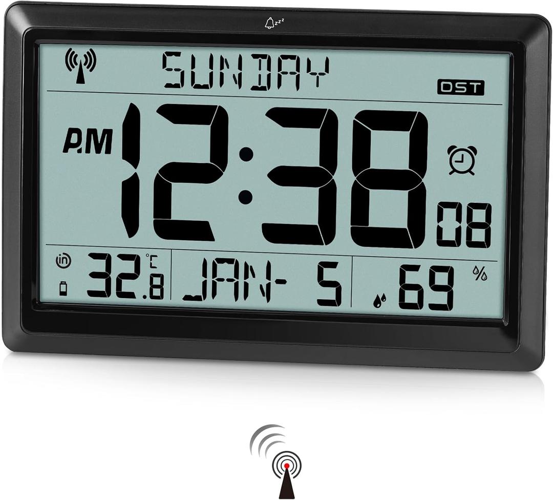 Amgico Digital Wall Clock,10.5" Large Display Atomic Clock, Battery Operated,Digital Calendar Auto Setting with Indoor Temperature, Humidity,Date,Day,Auto DST Desk Clock for Elderly Bedroom Classroom (Small)