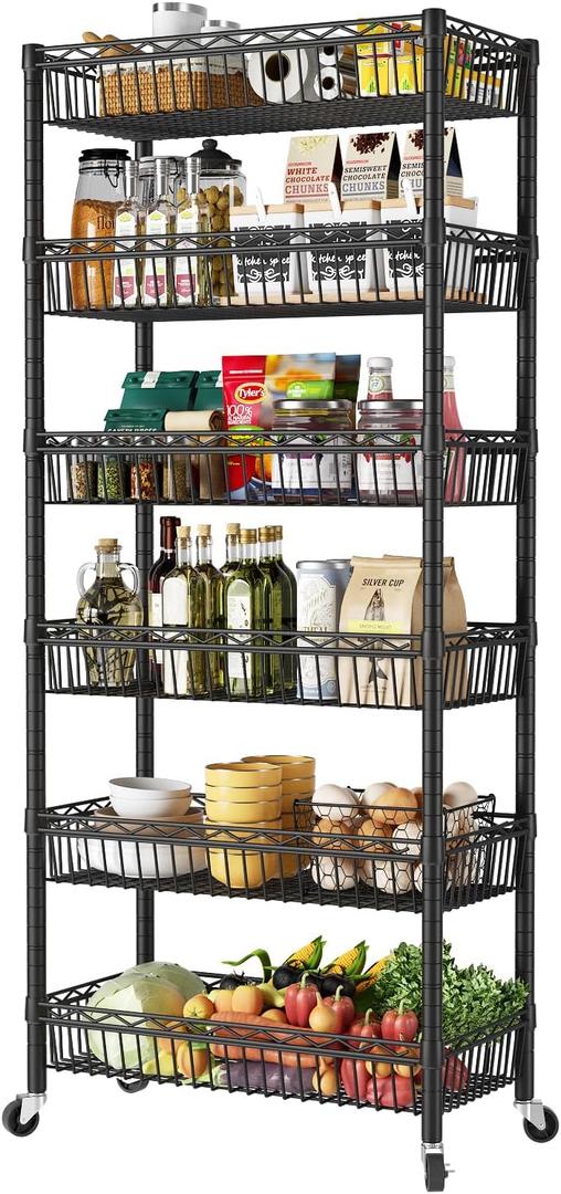 SINGAYE 6 Tier Basket Shelf Wire Shelving Unit Adjustable Storage Shelves Big Basket Rack for Garage Kitchen Office Pantry Corner 13.5" D x 30" W x 65" H Black