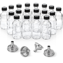 17 Pack, 2 oz Small Clear Glass Bottles w/ Lid & 4 Stainless Steel Funnels - 60ml Boston Sample Bottles - Mini Travel Essential or Decorative Bottles for Potion, Juice, Wellness, Ginger Shots, Whiskey