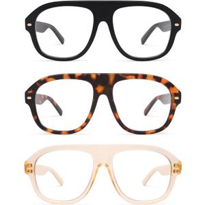 AMOMOMA 3 Pack Retro Blue Light Aviator Reading Glasses for Women Men,Oversized Large Computer Reader Frame AM6163