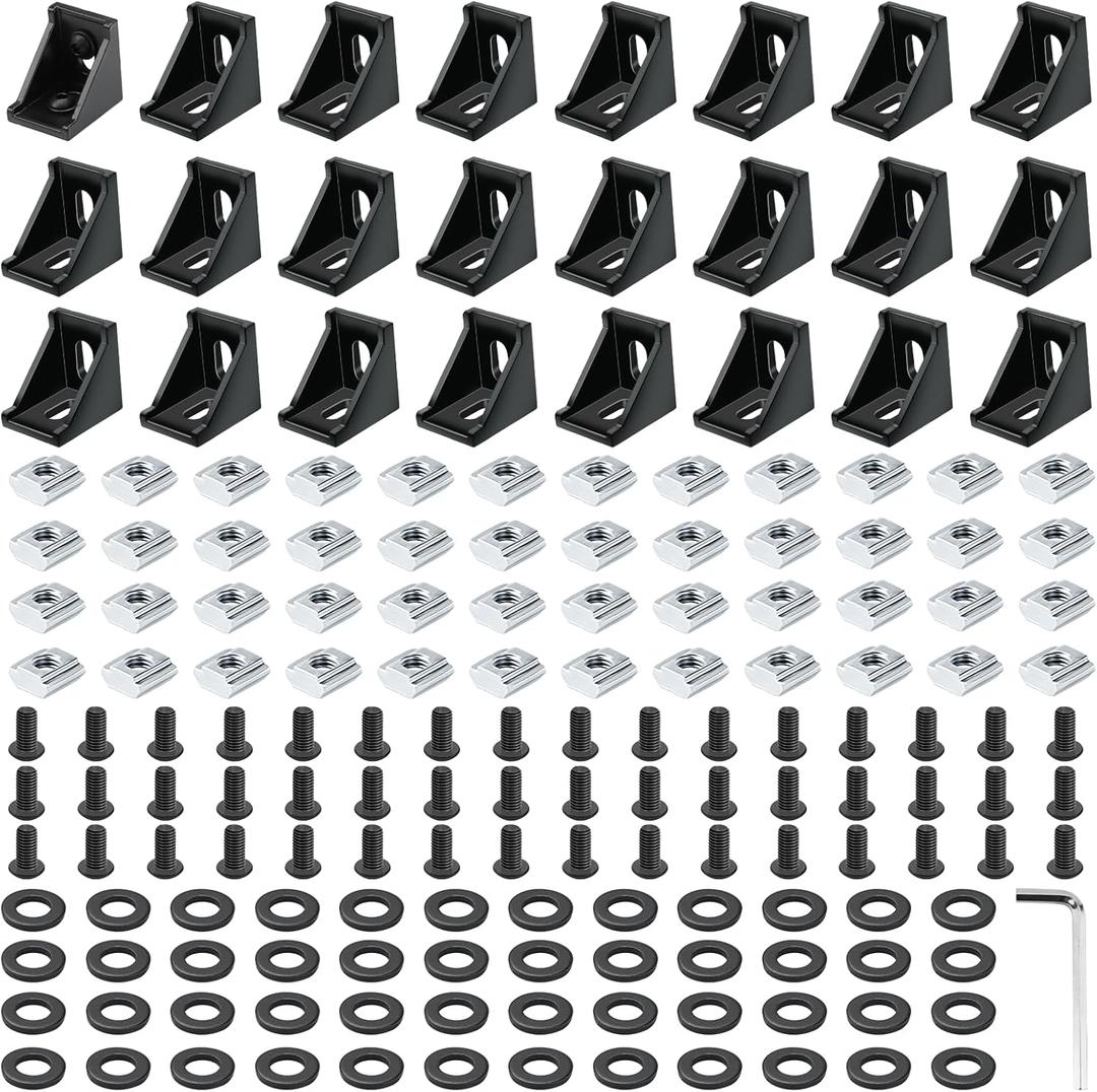 24 Set Black 3030 Series Aluminum Extrusion Profile Connector, Includes 1pc Wrench, 24pcs 2835 Corner Bracket, 48pcs M6 T-Slot Sliding Nuts and Hex Screw Bolt for 20S Aluminum Rail Accessories