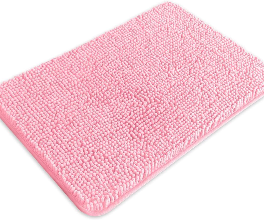Pink Bathroom Rugs  Absorbent and Washable Bath Mat, Non-Slip, Thick Soft Chenille Bath Rugs for Bathroom Floor, Shower, Sink - 17" x 24"