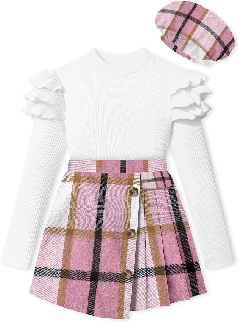 MIGU Girls Clothes Size 6-7 Skirt Set Fall Winter White Ruffle long Sleeve Tops+Pink Plaid Skirt Shorts+Hat Girls Clothing Sets 3Pcs Outfits