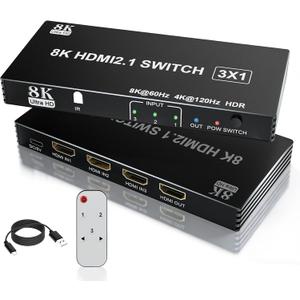HDMI 2.1 Switch 3 in 1 Out, 8K@60Hz 4K@120Hz HDMI Splitter with Remote, 48Gbps, VRR, HDR10+, Dolby Atmos, CEC - Aluminum HDMI Switcher for PS5, Xbox, Switch, Roku, Fire Stick, Apple TV, Blu-ray Player