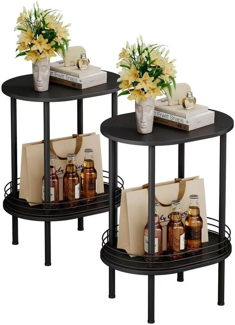 Nightstand Set of 2,Small Modern Round Side Table with Storage,2-Tier End Table for Small Space -Living Room,Bedroom, Nursery (2PC,Black) (2PC Oval(11.8*15.8inch))