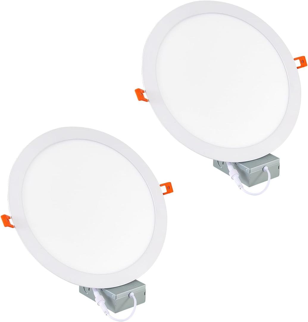 11 Inch Recessde Lighting for Ceiling with Junction Box,6000K 2185LM,24W Ultra-Thin Canless Wafer Downlight,for high Ceiling 2 Packs,No Dimmable