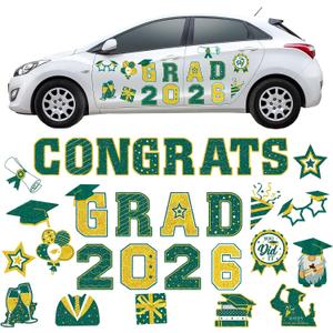 Landhoow 30 Pcs Graduation Car Magnets 2026 Senior Graduation Car Decoration Bumper Sticker Congrats Grad Magnet Magnetic Refrigerator Decal for Grad Parade Party Supplies(Green, Gold)