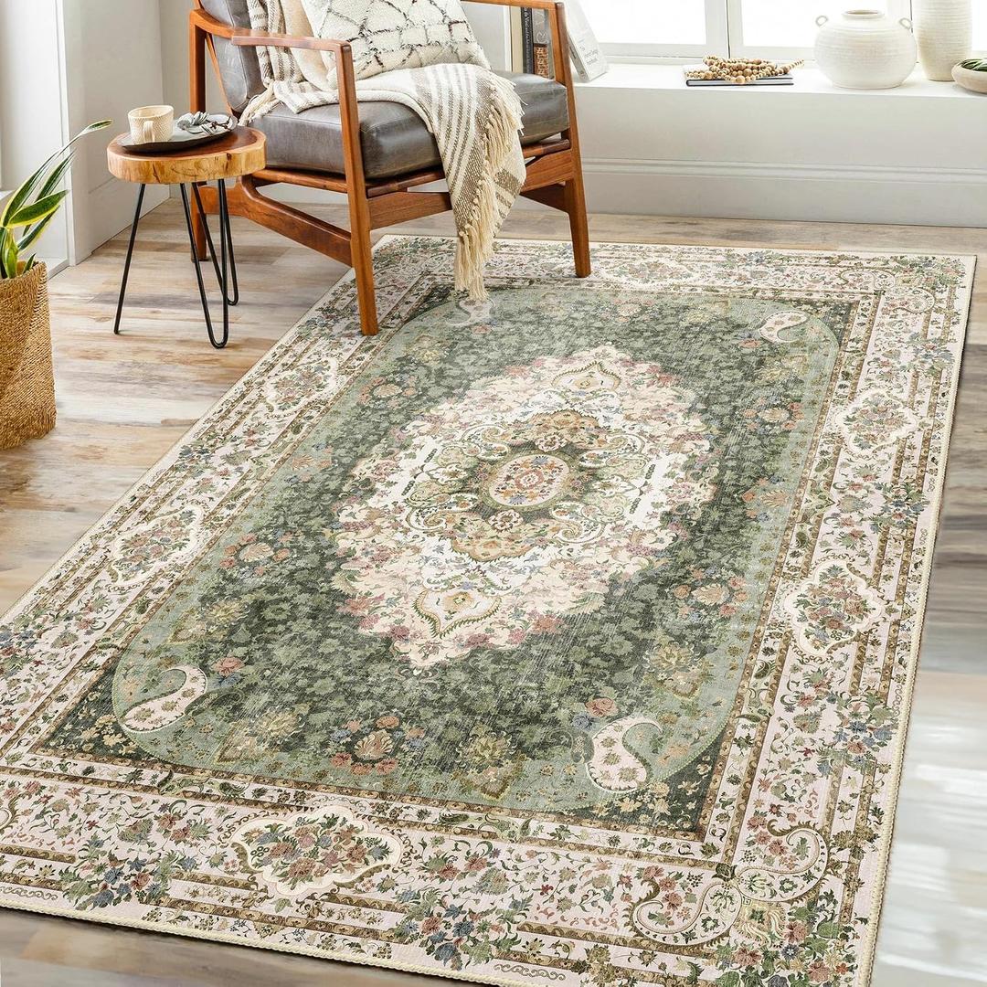Green Rug 3x5,Washable Area Rugs for Bedroom Living Room Kitchen Entryway,Small Boho Vintage Bohemian Distressed Non Slip Carpet,Floral