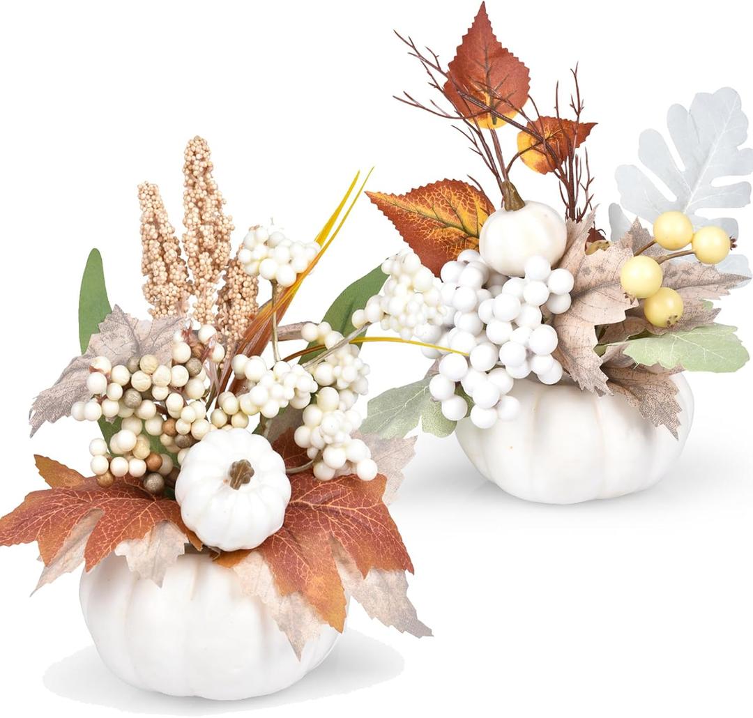 Lvydec 2 Pack Artificial Pumpkins with White Maple Leaves and Berries, Fall Pumpkin Decoration for Table Centerpiece,Thanksgiving and Home Decor