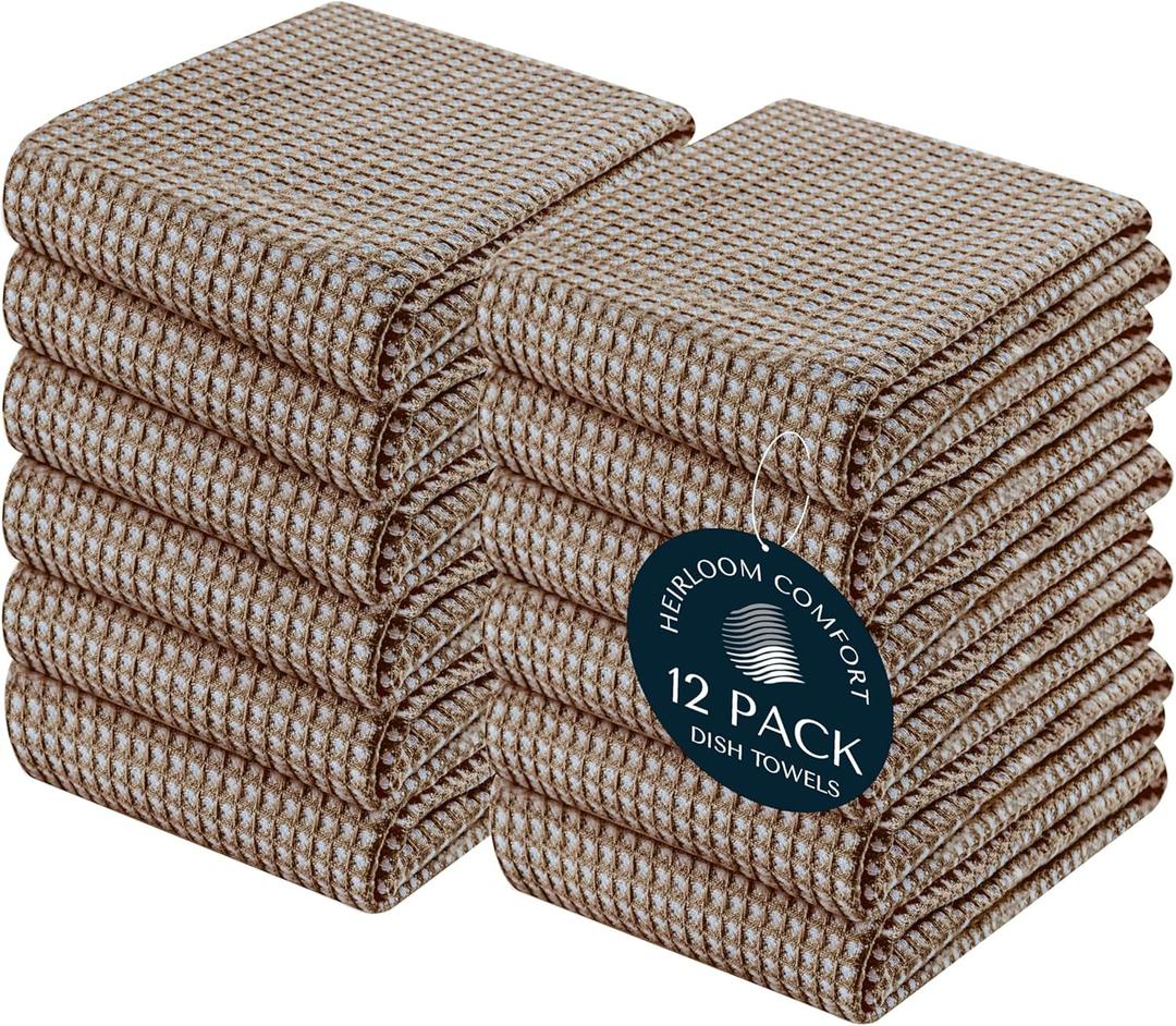 5 Pack Dual Waffle Weave Kitchen Towels, 16x26 Inch, 100% Cotton, Super Absorbent, Quick Dry Dishcloth Set with Hanging Loop, Soft and Durable, Brown