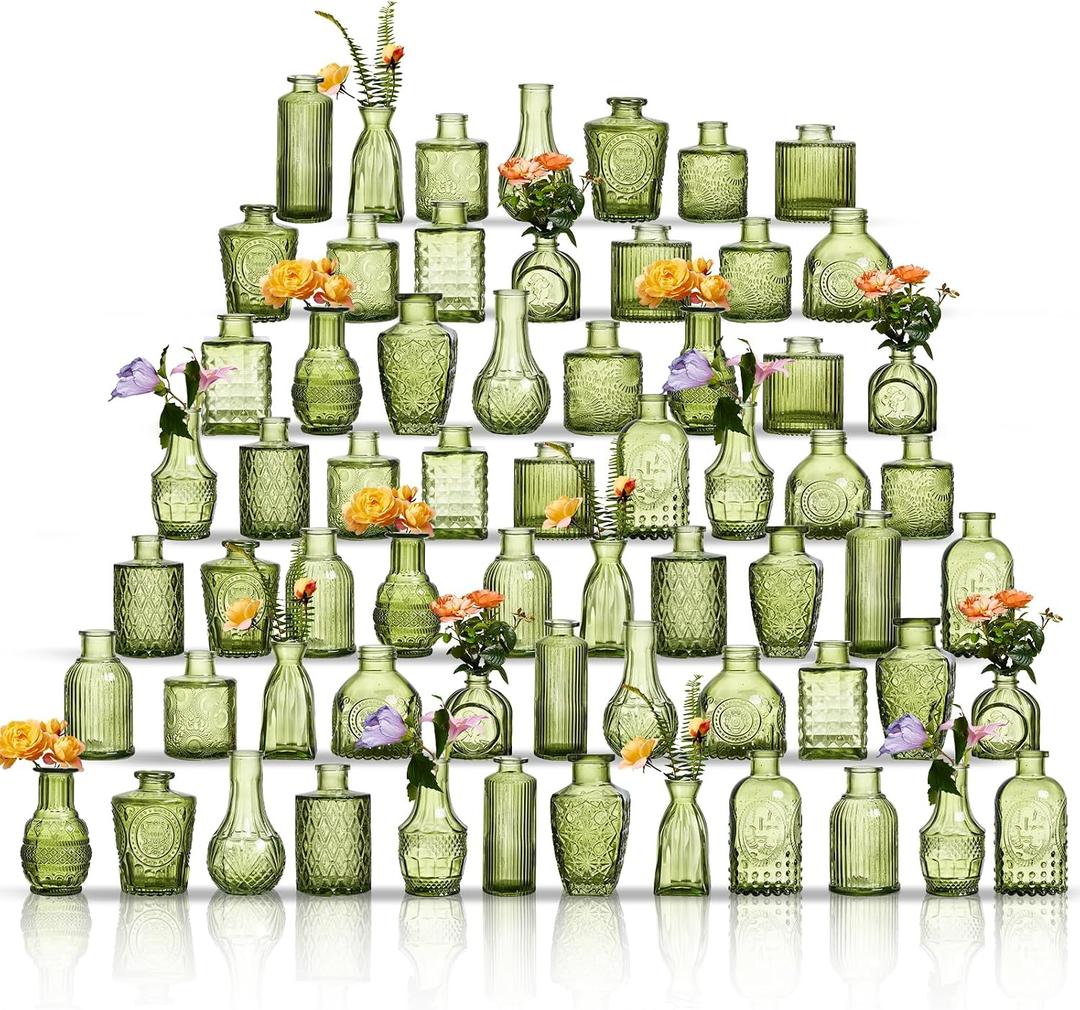 Glass Bud Vases Set of 64 - Green Assorted Small Mini Glass Vases for Flowers, Crystal Vintage Vase Set, Bulk Centerpieces for Table Dcor, Wedding, Home and Events (Green, 64 Pcs)
