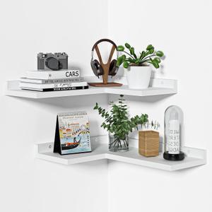 Corner Shelf White, Natural Wood Wall Mount Corner Shelf 2PCS Floating Corner Shelves for Wall Bathroom Bedroom Kitchen, 16 x 6 in Esquineros De Sala