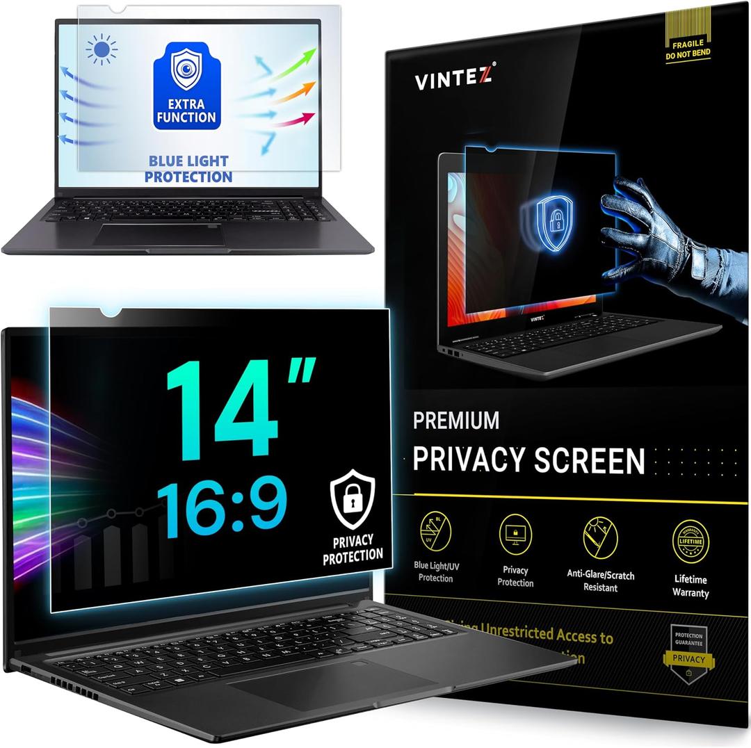 VINTEZ 14 Inch 16:9 Privacy Screen for Computer Monitor and Laptop - Anti Glare Protector Film Blue Light Filter Eye Protection - Computer Screen Privacy Shield, [1 Pack]