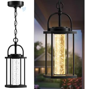 Outdoor Pendant Light, 14'' LED Dusk to Dawn Outdoor Chandelier, Black Aluminum Outside Exterior Hanging Light Fixture Ceiling Mount with Crystal Bubble Glass for Porch Patio Entryway, 1 Pack