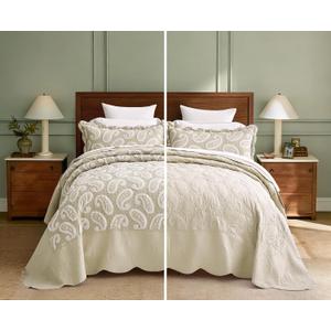 Oversized King Bedspread 128x120 Extra Wide, Textured Paisley Appliqué Quilt Set King/Cal King, Lightweight Reversible Jacquard Coverlet, Scalloped Edge - Classic Look, 3 Piece, Ivory Yellow