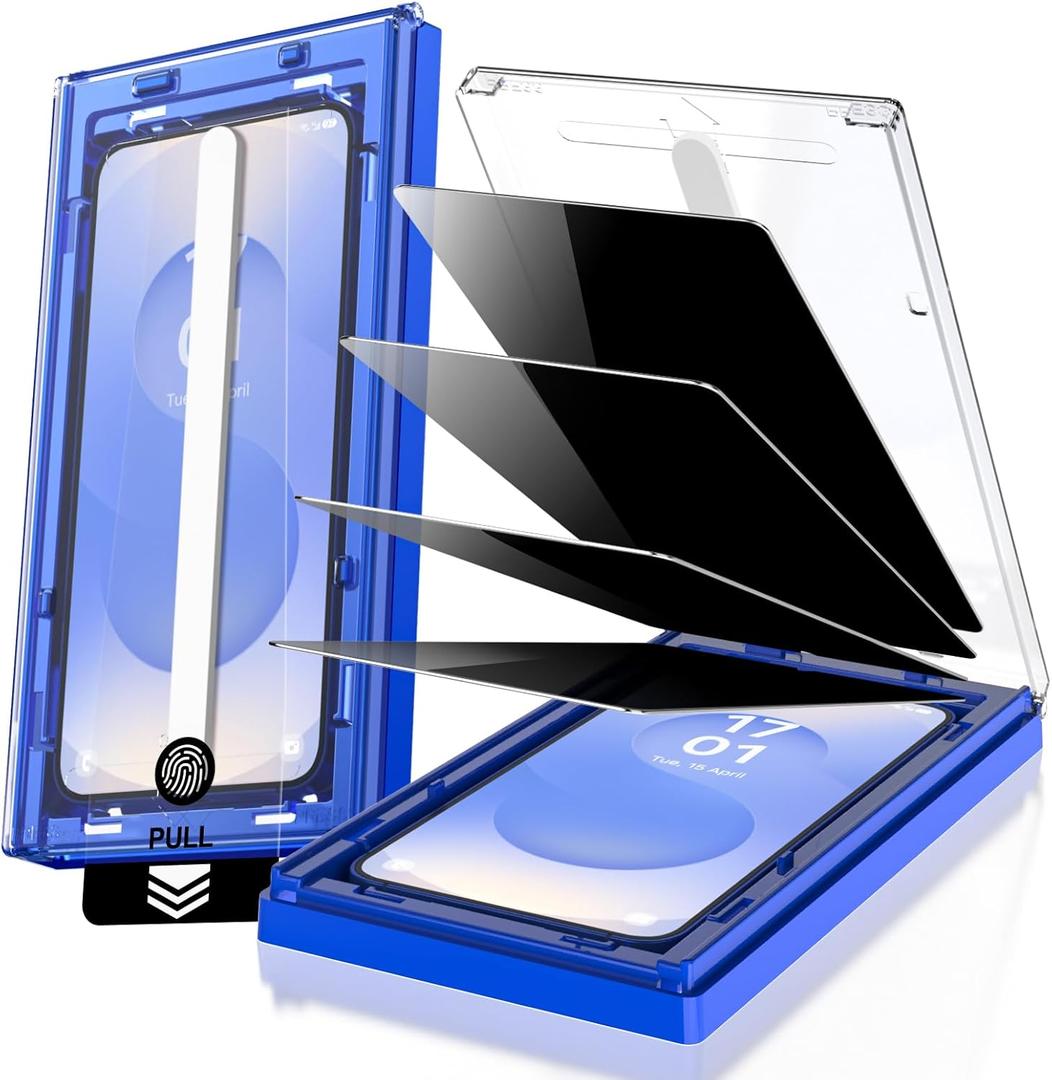 EZ-GLAZ-4 Pack for Galaxy S25/ S24 [6.2"] Privacy Screen Protector, 100% Fingerprint Unlock, 9H+ Hardness Military Grade Shatterproof Long Durable Tempered Glass Film with Flawless Fit Box, Scratch Resistant