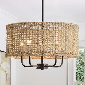 17.7" Rattan Chandelier, 5-Light Boho Black Pendant Light