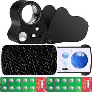 Jewelers Loupe, 2 Pack Magnifying Glass with Light, 30X 60X 90X Jewelers Loop Magnification with 20 Backup Batteries for Coin, Diamonds, Gems, Jewelry, Stamps Close Work (Black)