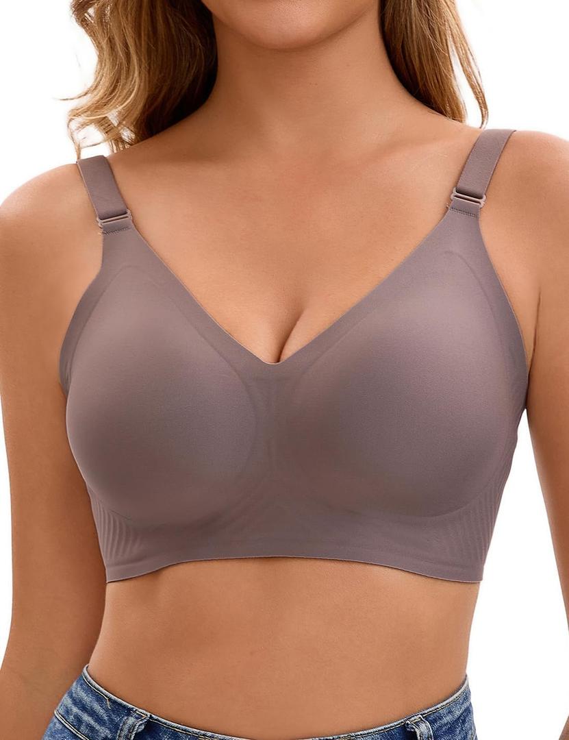 Women's Deep V Bras Wireless Comfortable Bra Supportive No Underwire Bras T-shirt Push Up Bralettes Plunge Seamless Bra (Medium, Coffee Color)