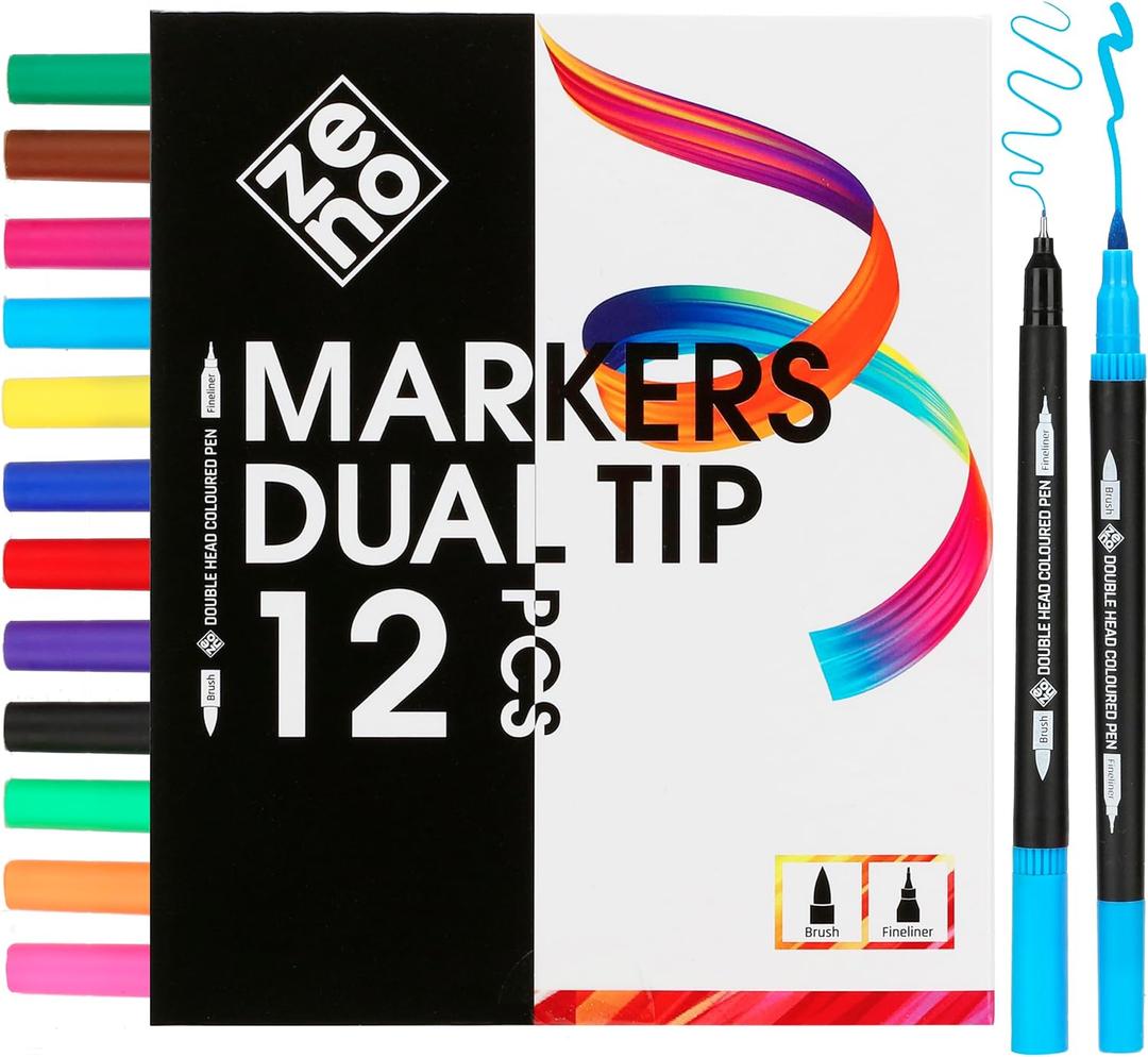 ZENO 12 Dual Tip Markers Set  No-Bleed Coloring Markers for Adults  Fine & Brush Tip, Watercolor Pens for Coloring Books, Journaling, and Artists