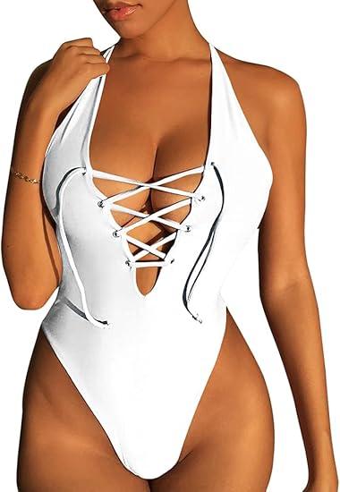 ZileZile Women's Sexy Summer Deep V Neck Lace Up Strappy Cross Backless Monokini High Waist Bathing Swimsuits, Size L