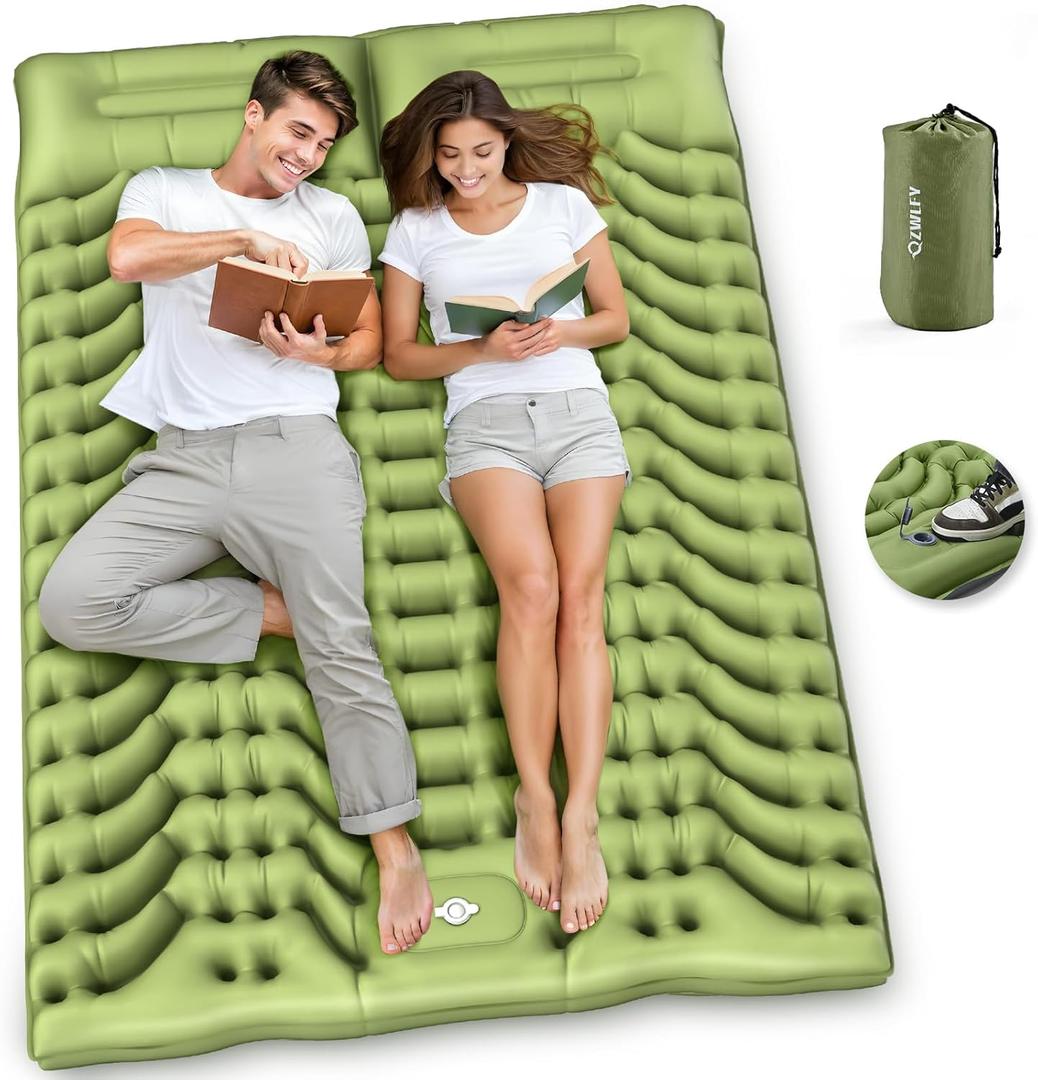 Camping Sleeping Pad,Double Sleeping Pad for Camping-Self Inflating 4" Extra-Thick for 2 Person with Pillow Built-in Foot Pump Inflatable Sleeping Mat for Backpacking,Hiking,Traveling,Tent (Green)