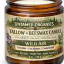 Untamed Organics Grass-Fed Tallow Candle, Essential Oil Scented (Lavender Eucalyptus Cedarwood), No Synthetic Fragrance, Non-Toxic, 100% Cotton Wick, Hand Poured, 8 oz Amber Glass Jar, 50+ Hr Burn