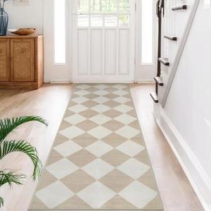Beeiva Checkered Rug Runners for Hallways Non Slip 2.5x8, Ultra Thin Beige Kitchen Runner Rugs Non Skid Washable, Moroccan Neutral Print Carpet for Bathroom Bedroom Entryway