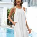 Eddoyee Women Beach Swimsuit Coverup Sleeveless Backless Vacation Cover Ups Ruffle Flowy Dress with Pockets (White, M)
