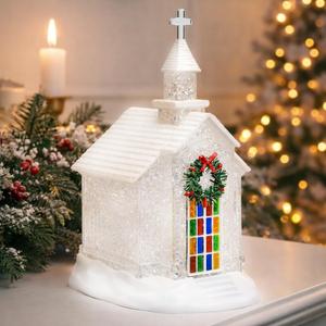 Lighted Chapel Church Moments in Time LED Acrylic Holiday Tabletop Decoration Glittering Crystal Church Stained Glass Window Battery Operated (3 AA Batteries Not Included) Holiday Table Decor