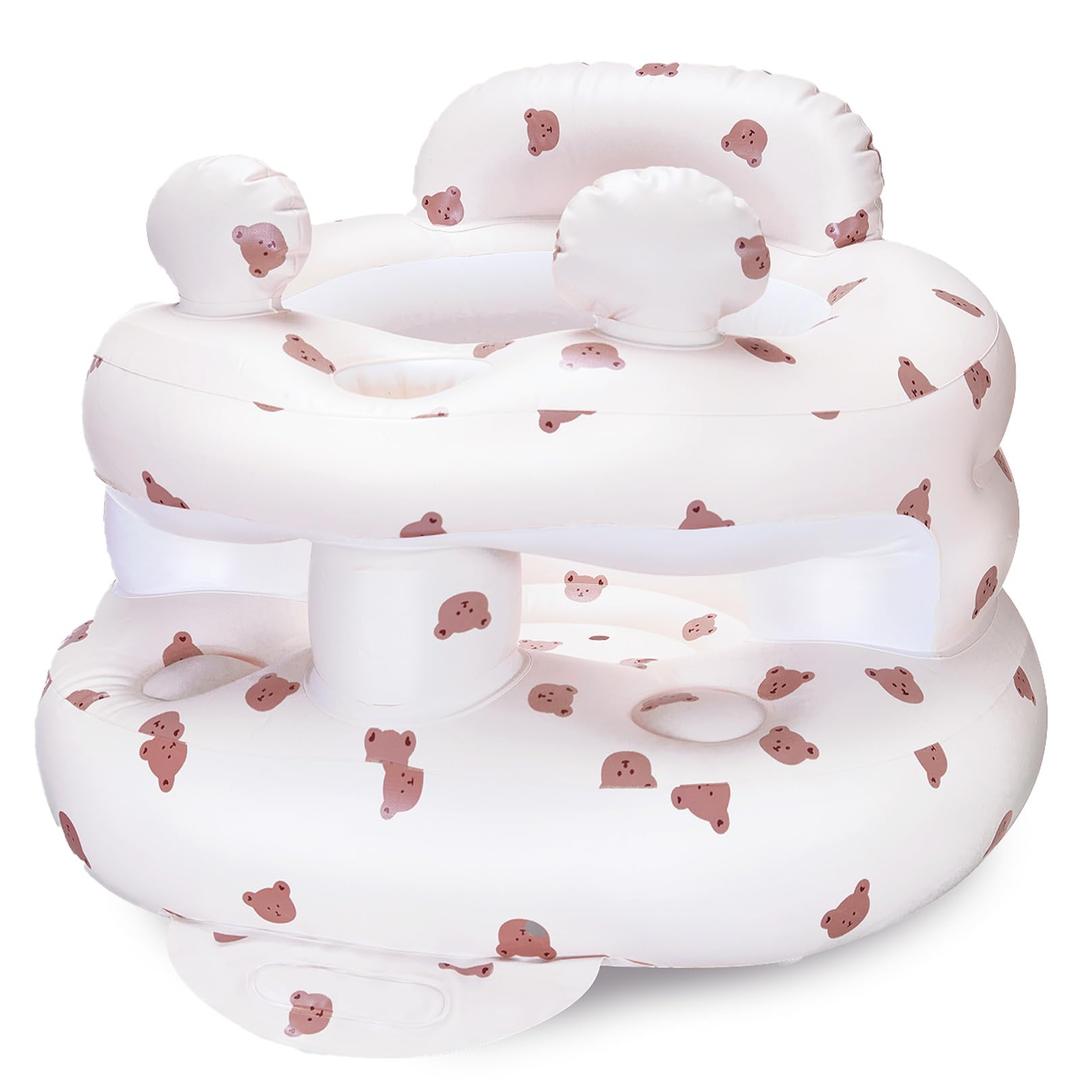Inflatable Baby Seat for Babies 3-36 Months，[Squeaky Sound & Anti-Fall Design] Inflatable Chair with Sound-Making Ears, Baby Seat for Sitting-Up Practice, Built-in Air Pump (Ear Bear)