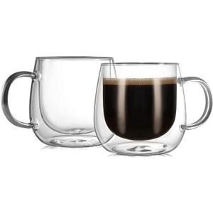 CNGLASS 10oz Double Walled Glass Coffee Mugs(2-pack),Clear Coffee Cups with Handle,Glass Espresso Mugs for Latte,Cappuccino,Tea