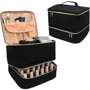 Nail Polish Organizer Case Double-Layer Nail Supplies Organizer Bag Holds 30 Bottles & Nail Lamp, Professional Nail Kit Storage Carrying Case (Black)